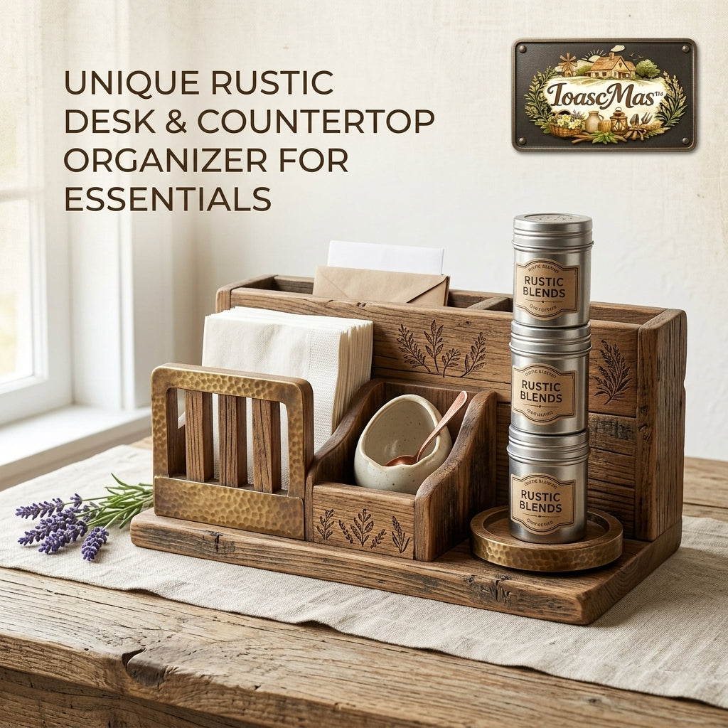 IoascMas™ Rustic Wooden Countertop Organizer - Farmhouse Desk Organizer & Mail Holder with Napkin Holder, Multi-Functional Wood Storage Caddy for Kitchen, Dining Table Centerpiece, Coffee Bar & Entryway