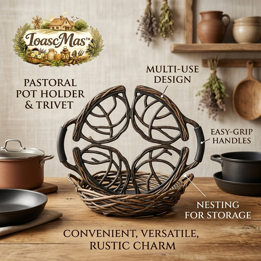 IoascMas™ Rustic Cast Iron Trivet Set with Woven Nesting Basket - Multi-Use Pastoral Pot Holders with Easy-Grip Handles - Decorative Heat-Resistant Hot Pads for Kitchen Counter & Dining Table, Farmhouse Decor