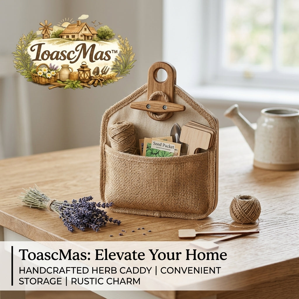 ToascMas™ Handcrafted Herb Caddy - Rustic Burlap Gardening Organizer & Wall Hanging Storage Pocket | Farmhouse Plant Label & Seed Holder for Garden, Potting Shed & Home Decor