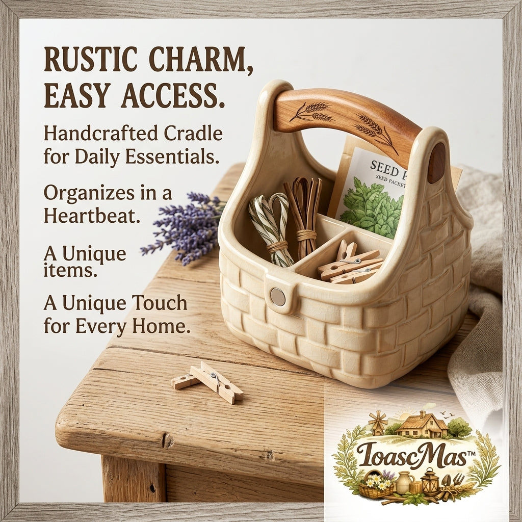 IoascMas™ Ceramic Woven Basket Organizer Caddy with Engraved Wooden Handle – 3-Compartment Rustic Farmhouse Decorative Storage Tote for Craft Supplies, Seed Packets, Kitchen Utensils, and Daily Essentials