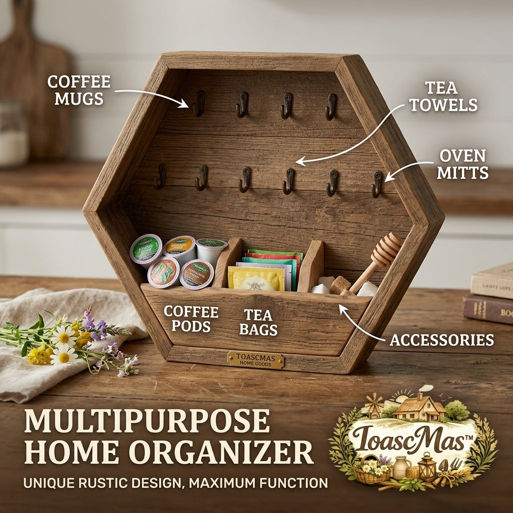 IoascMas™ Rustic Wooden Hexagon Coffee Station Organizer | Farmhouse Mug Holder & Tea Bar Storage | Multipurpose Countertop & Wall-Mounted Kitchen Shelf with 10 Hooks & 3 Divided Compartments for K-Cups, Tea Bags, and Accessories