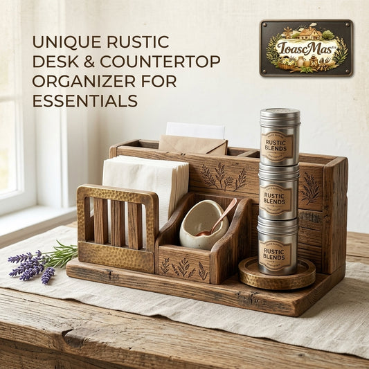 IoascMas™ Rustic Wooden Countertop Organizer - Farmhouse Desk Organizer & Mail Holder with Napkin Holder, Multi-Functional Wood Storage Caddy for Kitchen, Dining Table Centerpiece, Coffee Bar & Entryway