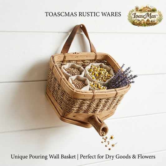 IoascMas™ Woven Wall Hanging Basket with Pouring Spout - Rustic Farmhouse Dry Food Dispenser & Flower Holder, Hand-Woven Storage Basket with Leather Strap for Kitchen, Pantry & Cottagecore Home Decor