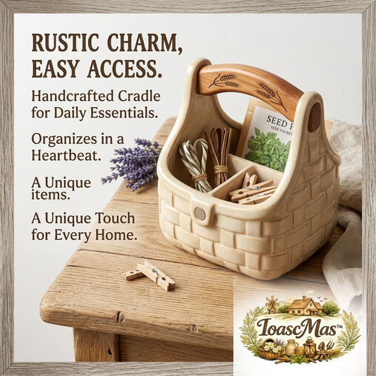 IoascMas™ Ceramic Woven Basket Organizer Caddy with Engraved Wooden Handle – 3-Compartment Rustic Farmhouse Decorative Storage Tote for Craft Supplies, Seed Packets, Kitchen Utensils, and Daily Essentials
