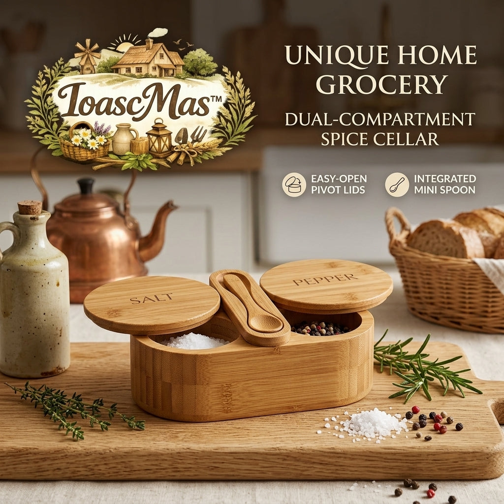 IoascMas™ Bamboo Salt and Pepper Cellar - Dual Compartment Spice Keeper with Easy-Open Swivel Pivot Lids and Integrated Mini Spoon | Eco-Friendly Wooden Seasoning Box Holder for Kitchen Countertop & Dining Table