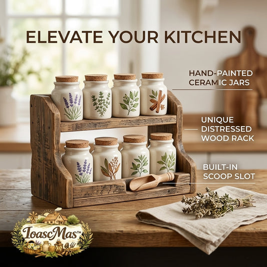 ToascMas™ 2-Tier Farmhouse Spice Rack Organizer with 8 Hand-Painted Ceramic Jars & Cork Lids | Rustic Wood Countertop Seasoning Holder Set with Wooden Scoop, Vintage Kitchen Herb & Spice Storage