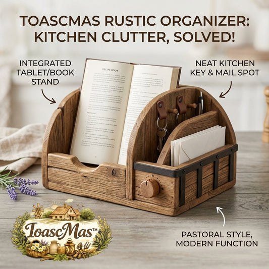 ToascMas™ Rustic Wooden Kitchen Countertop Organizer | 3-in-1 Cookbook & Tablet Stand, Mail Slot & Key Holder with Vintage Timer | Pastoral Farmhouse Desk Storage Rack for Home & Office
